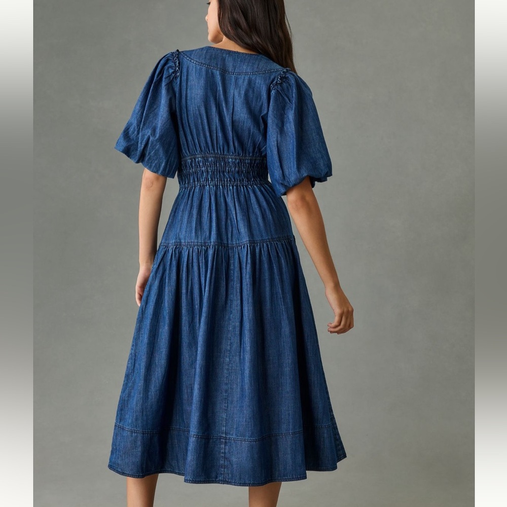 Anthropologie Smocked Puffed sleeve Denim Midi Dress - Picture 3 of 5